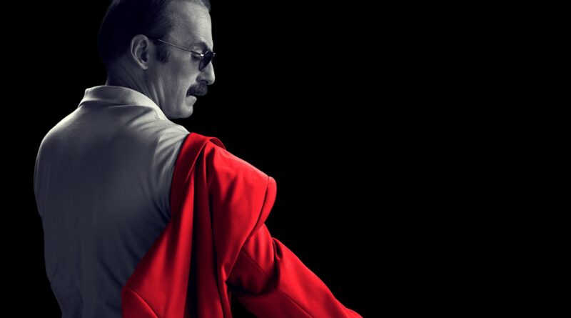 Better Call Saul: immagine promozionale in con Bob Odenkirk nei panni di Gene in bianco e nero che indossa una giacca rossa
